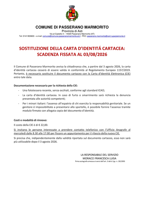 Sostituzione della carta d’identità cartacea: Scadenza fissata al 03/08/2026
